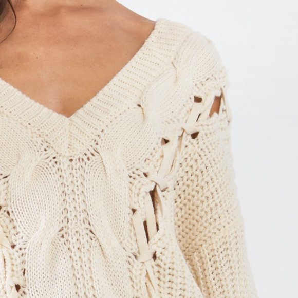 Beige Laced Up Off Shoulder V Neck Tunic Sweater - Picture 7 of 10